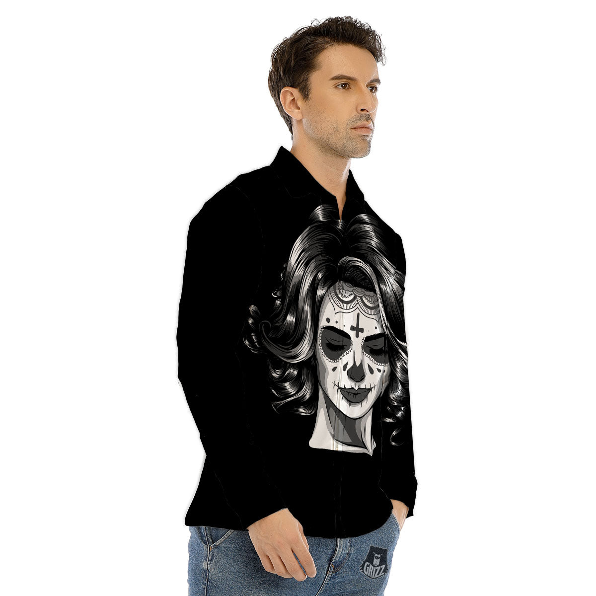 Calavera Girl White And Black Print Men's Dress Shirts-grizzshop