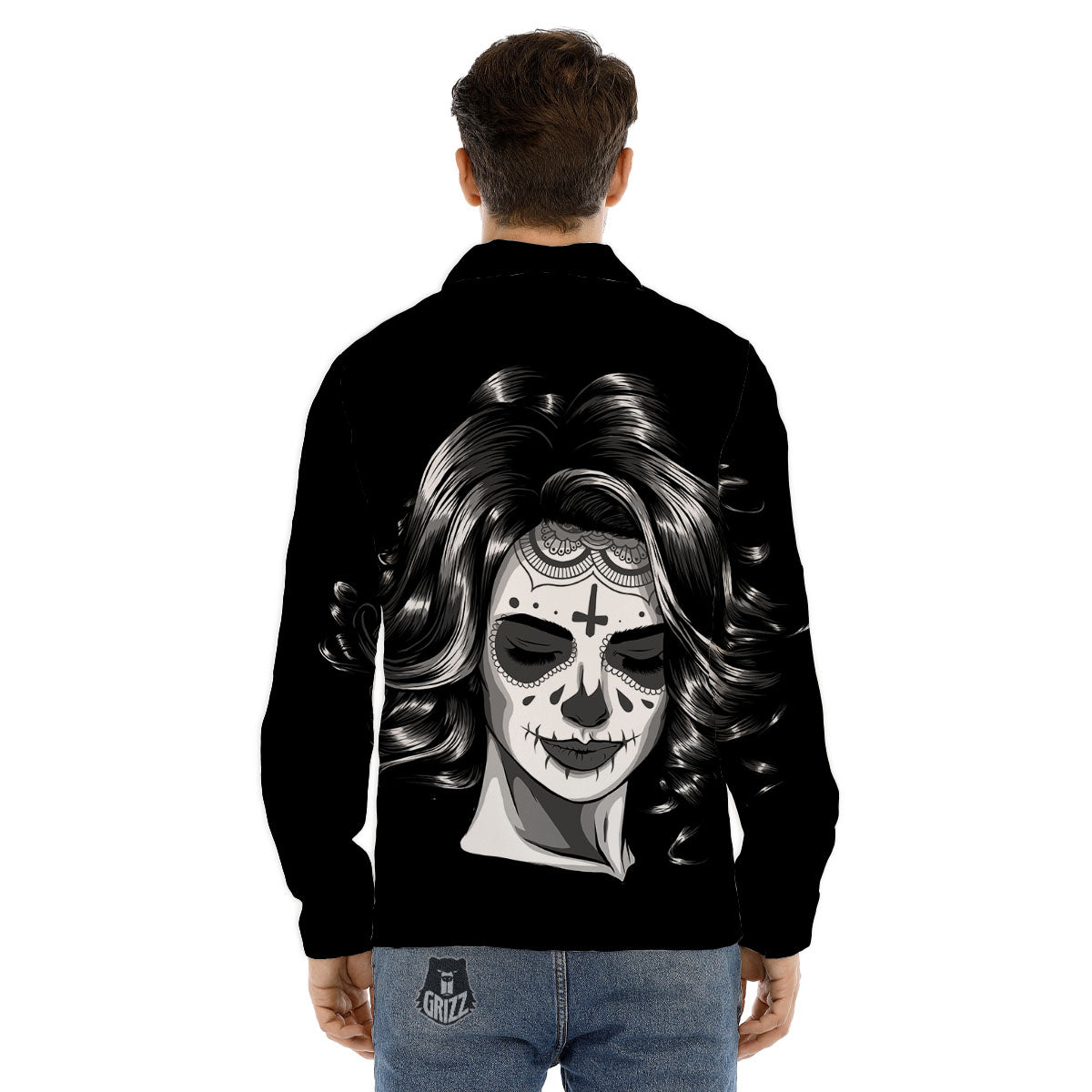 Calavera Girl White And Black Print Men's Dress Shirts-grizzshop