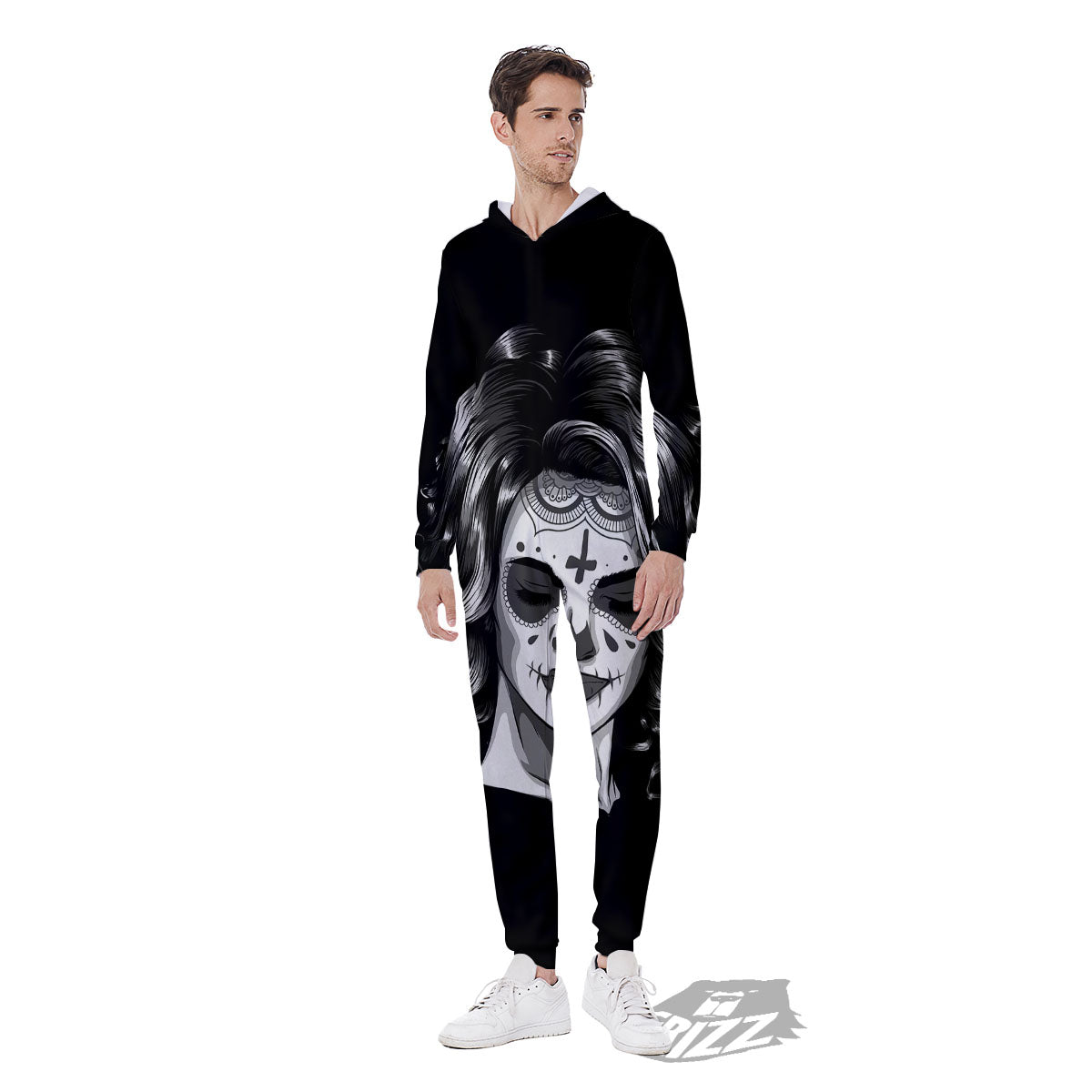 Calavera Girl White And Black Print Men's Jumpsuit-grizzshop