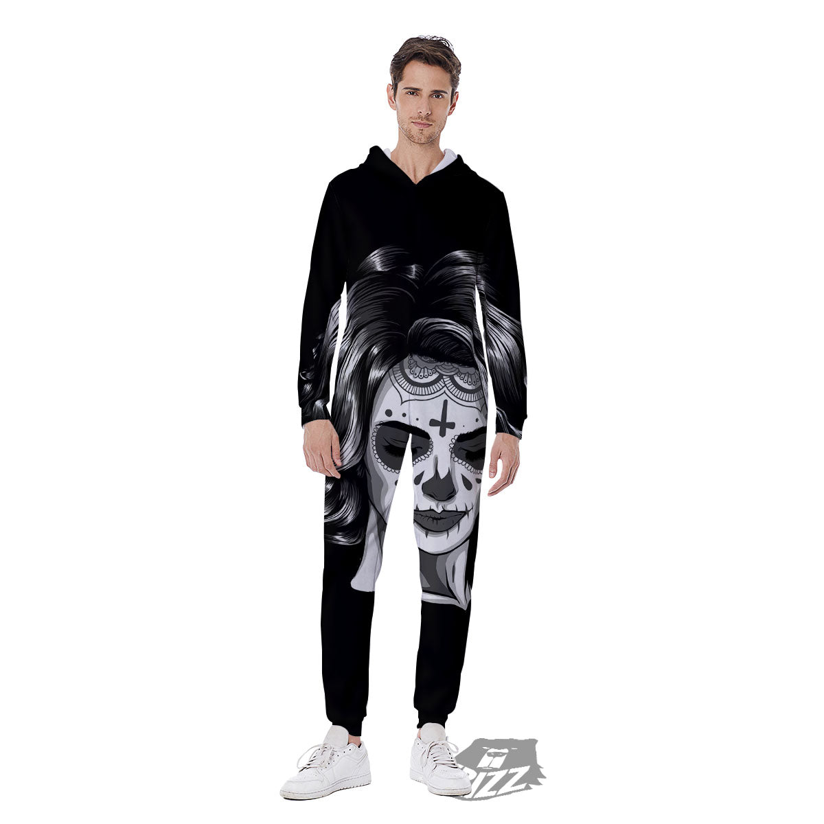 Calavera Girl White And Black Print Men's Jumpsuit-grizzshop