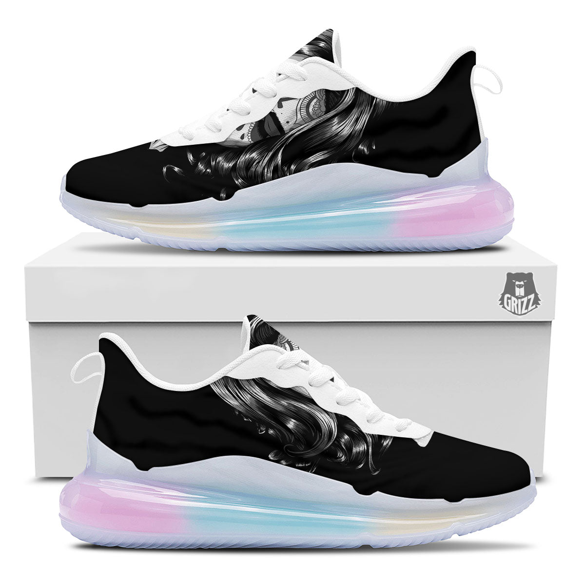 Calavera Girl White And Black Print Running Sneakers-grizzshop