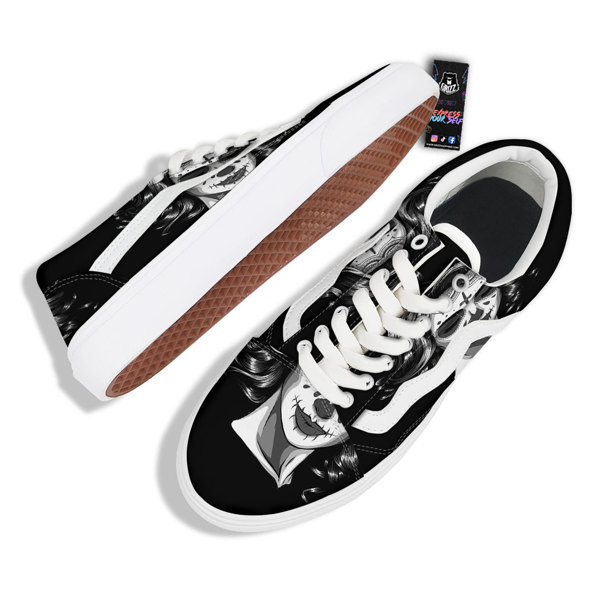 Calavera Girl White And Black Print Skate Shoes-grizzshop