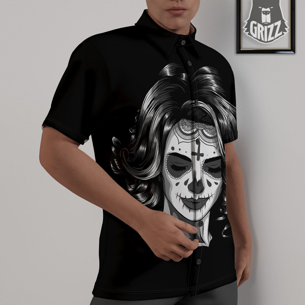 Calavera Girl White And Black Print Untucked Shirts-grizzshop
