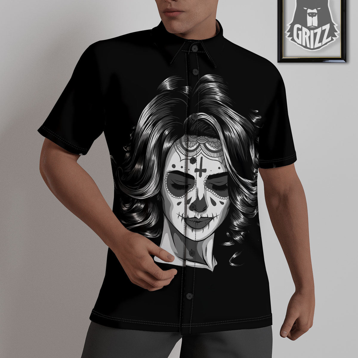 Calavera Girl White And Black Print Untucked Shirts-grizzshop