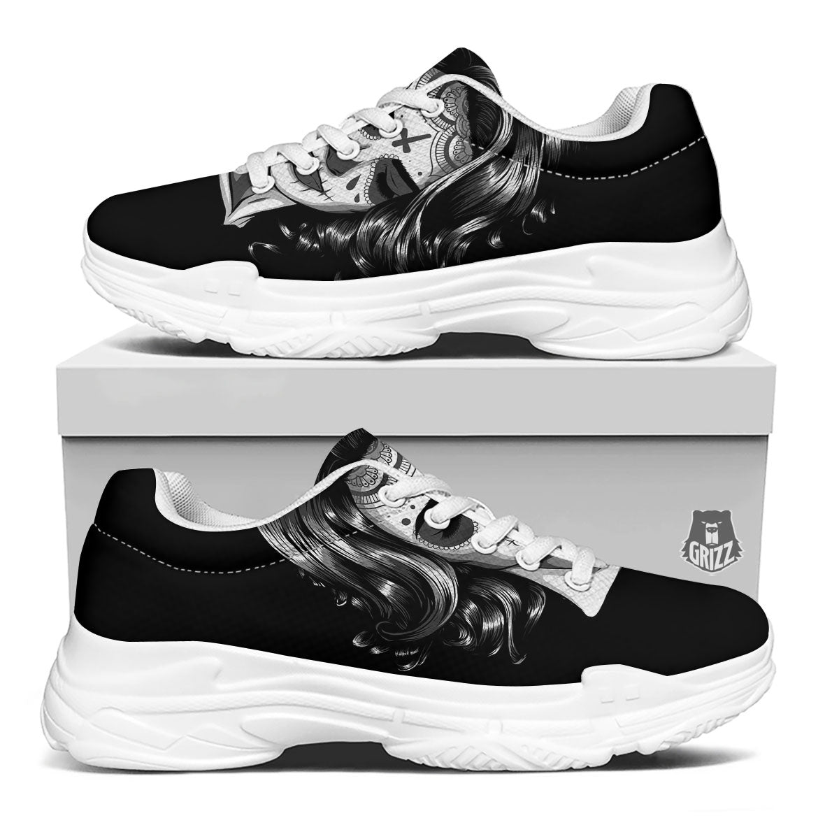 Calavera Girl White And Black Print White Chunky Shoes-grizzshop