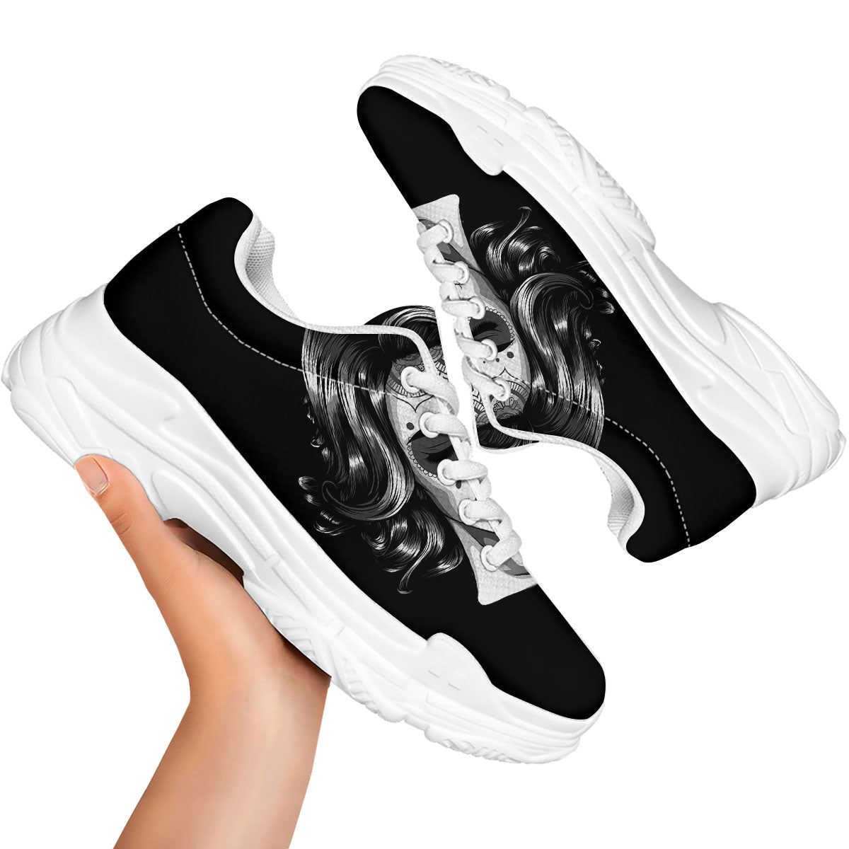 Calavera Girl White And Black Print White Chunky Shoes-grizzshop