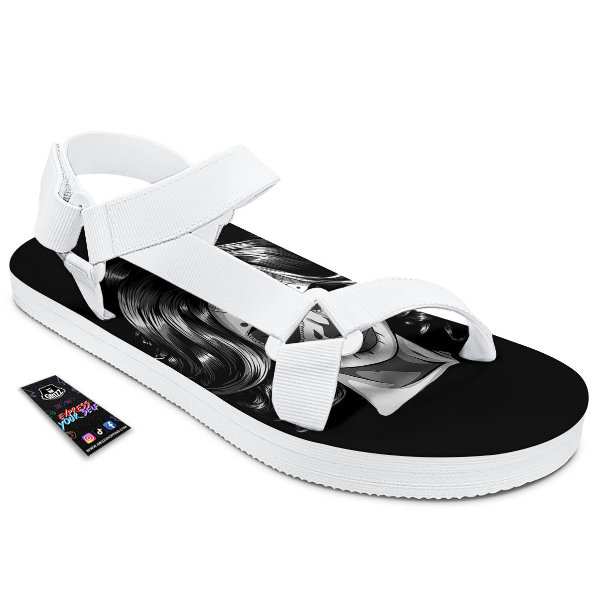 Calavera Girl White And Black Print White Open Toe Sandals-grizzshop