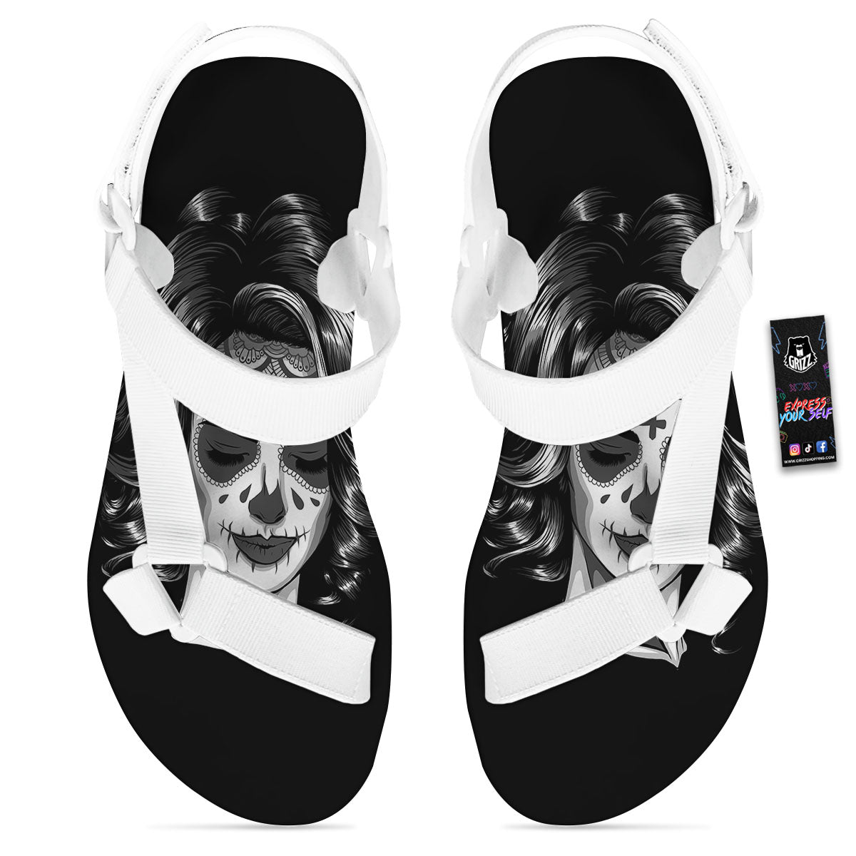 Calavera Girl White And Black Print White Open Toe Sandals-grizzshop