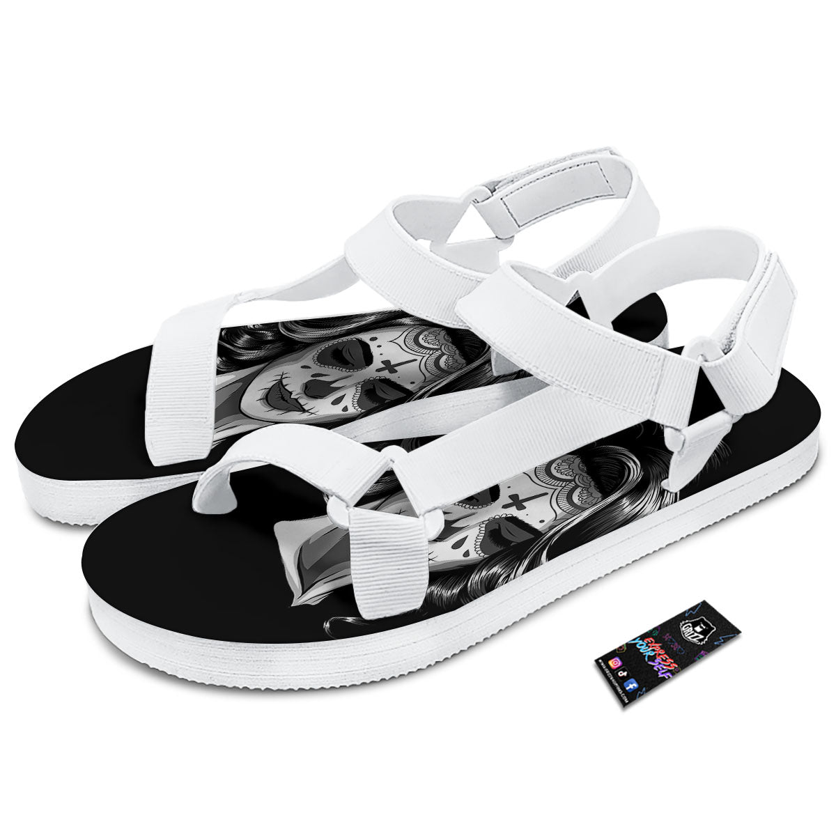 Calavera Girl White And Black Print White Open Toe Sandals-grizzshop