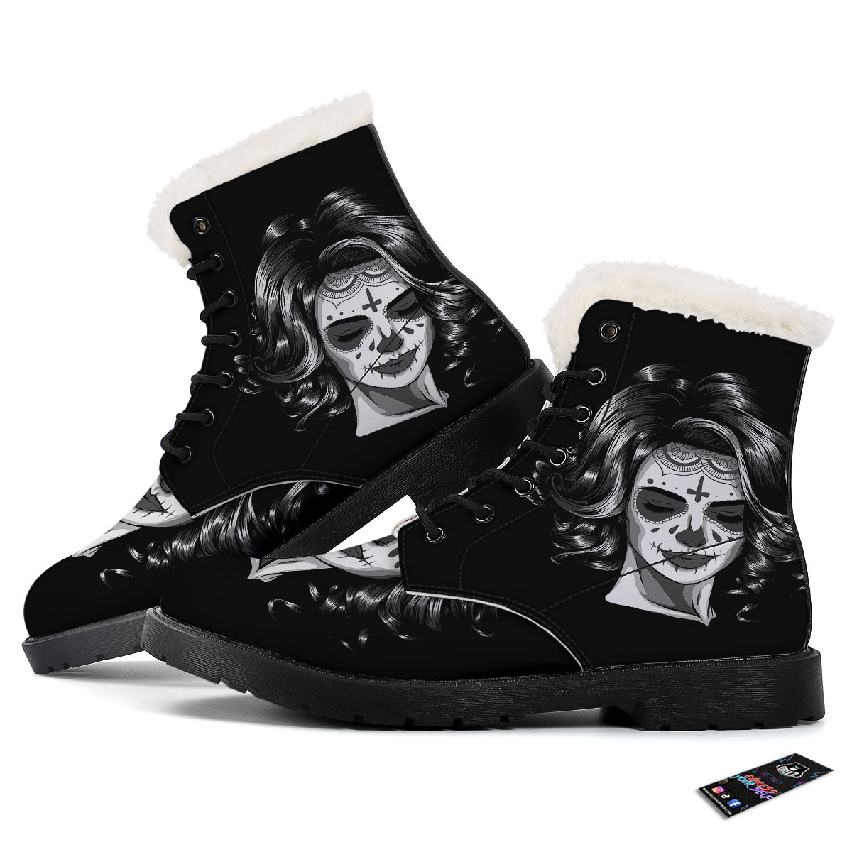 Calavera Girl White And Black Print Winter Boots-grizzshop