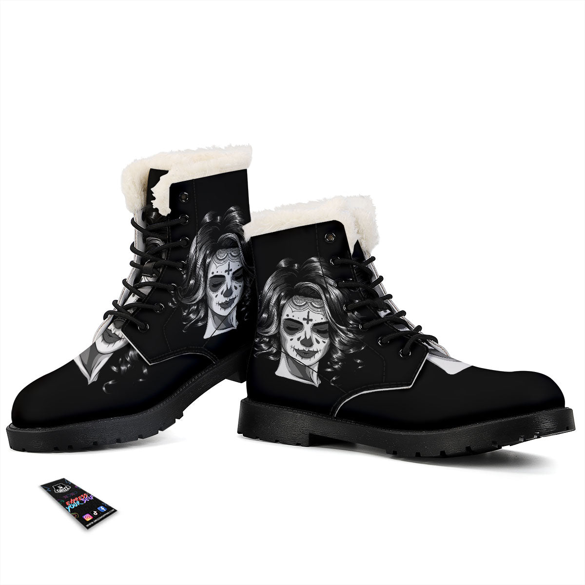 Calavera Girl White And Black Print Winter Boots-grizzshop