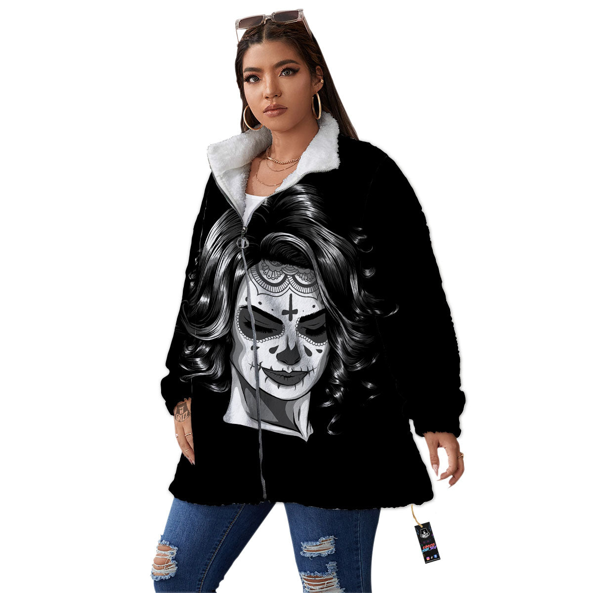 Calavera Girl White And Black Print Women's Sherpa Jacket-grizzshop
