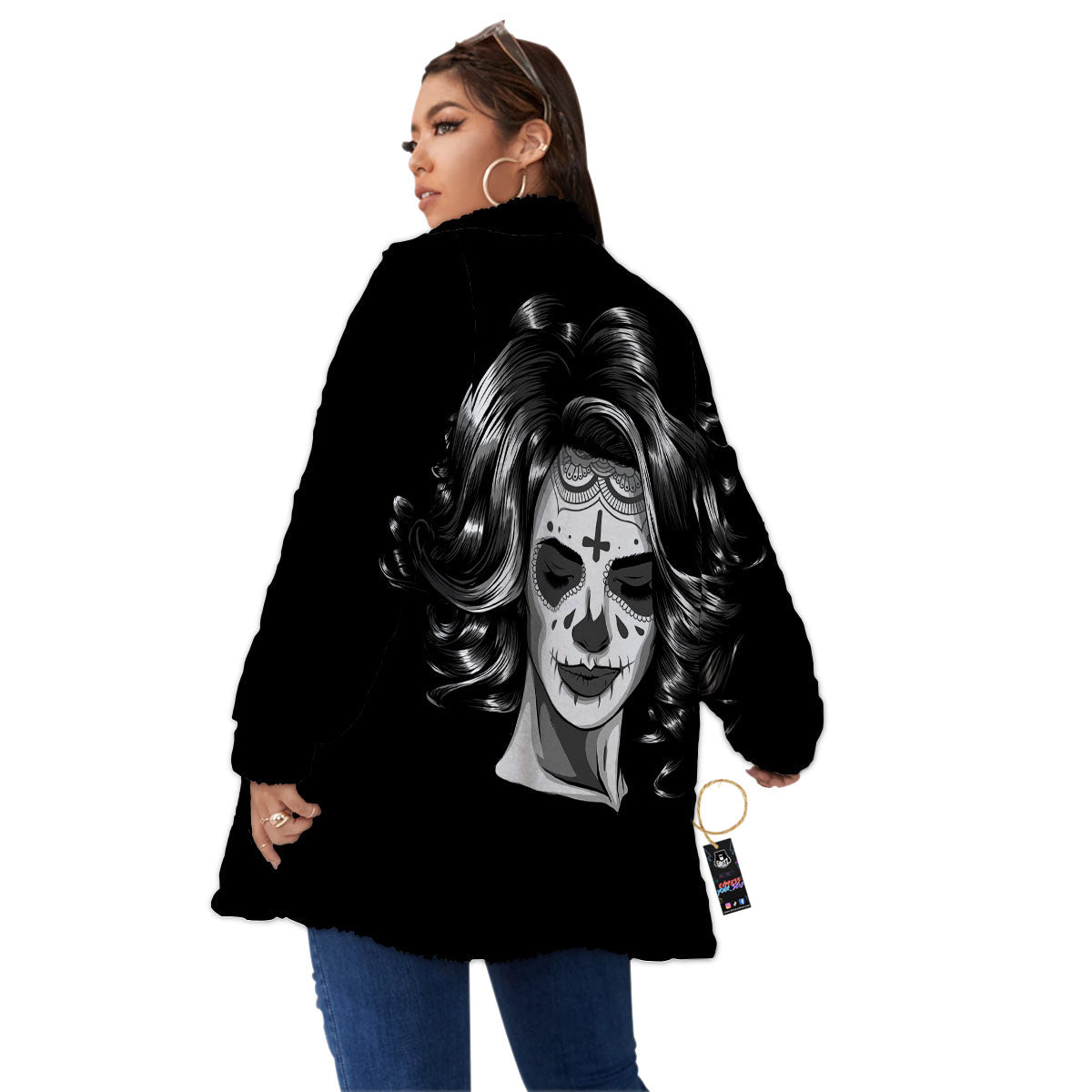 Calavera Girl White And Black Print Women's Sherpa Jacket-grizzshop
