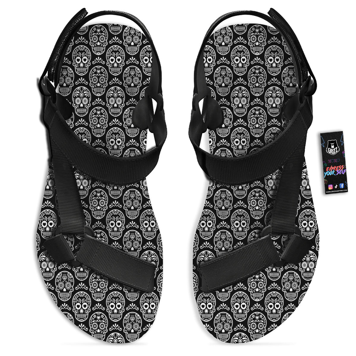 Calavera Skull White And Black Print Black Open Toe Sandals-grizzshop