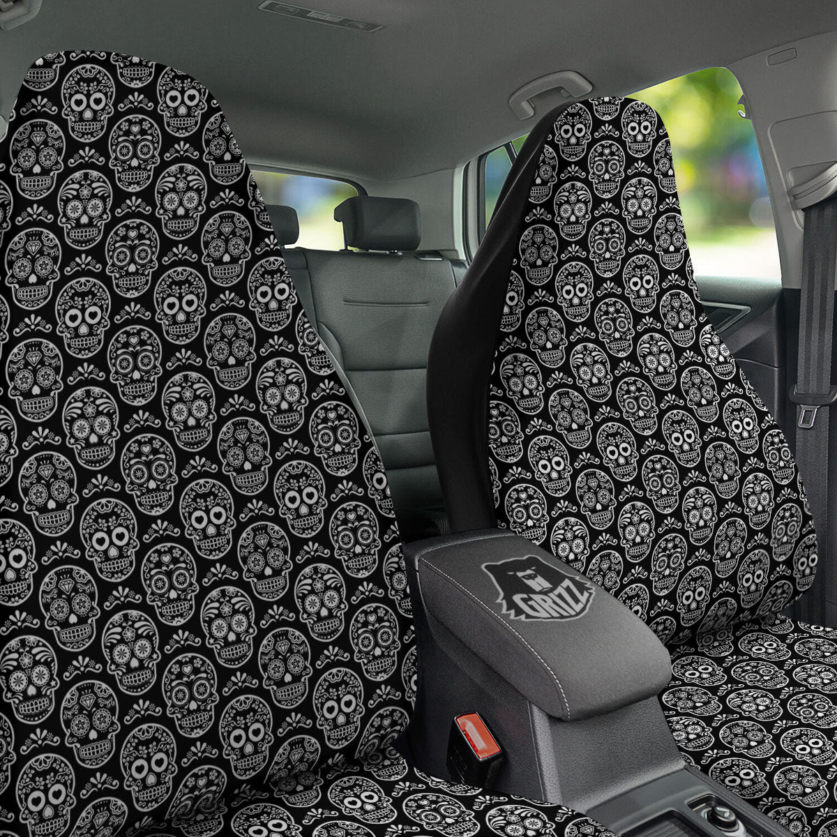 Calavera Skull White And Black Print Car Seat Covers-grizzshop