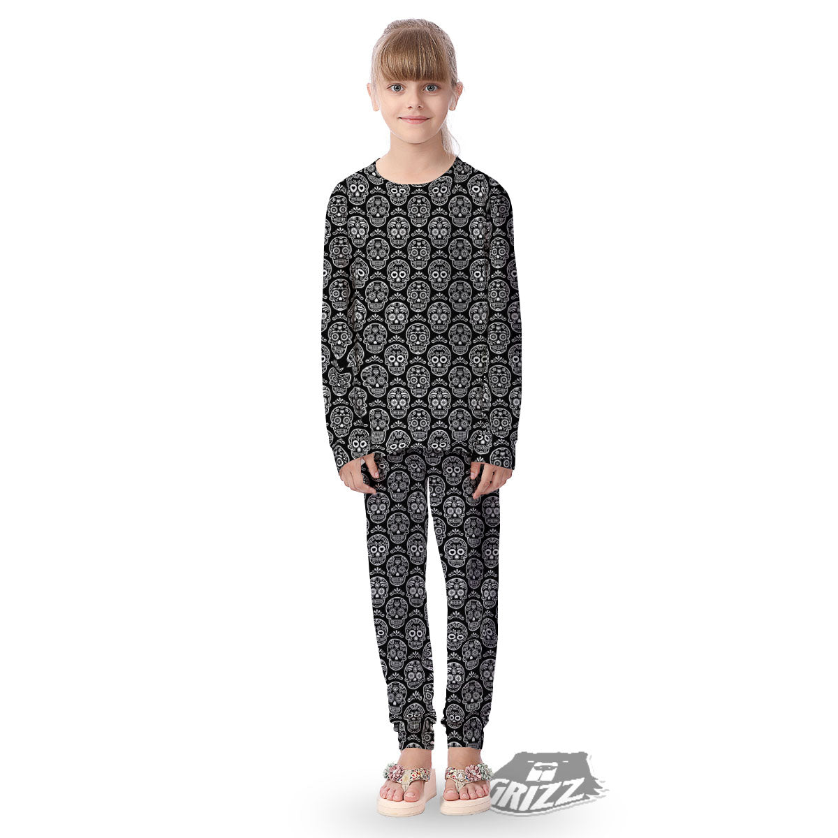 Calavera Skull White And Black Print Kid's Pajamas-grizzshop
