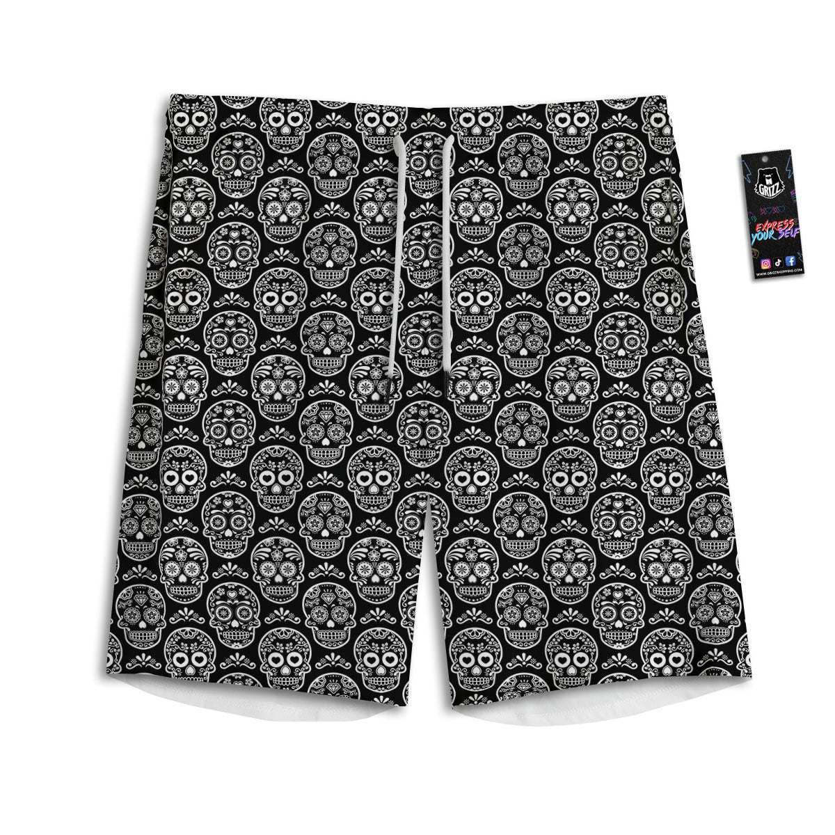 Calavera Skull White And Black Print Men's Athletic Shorts