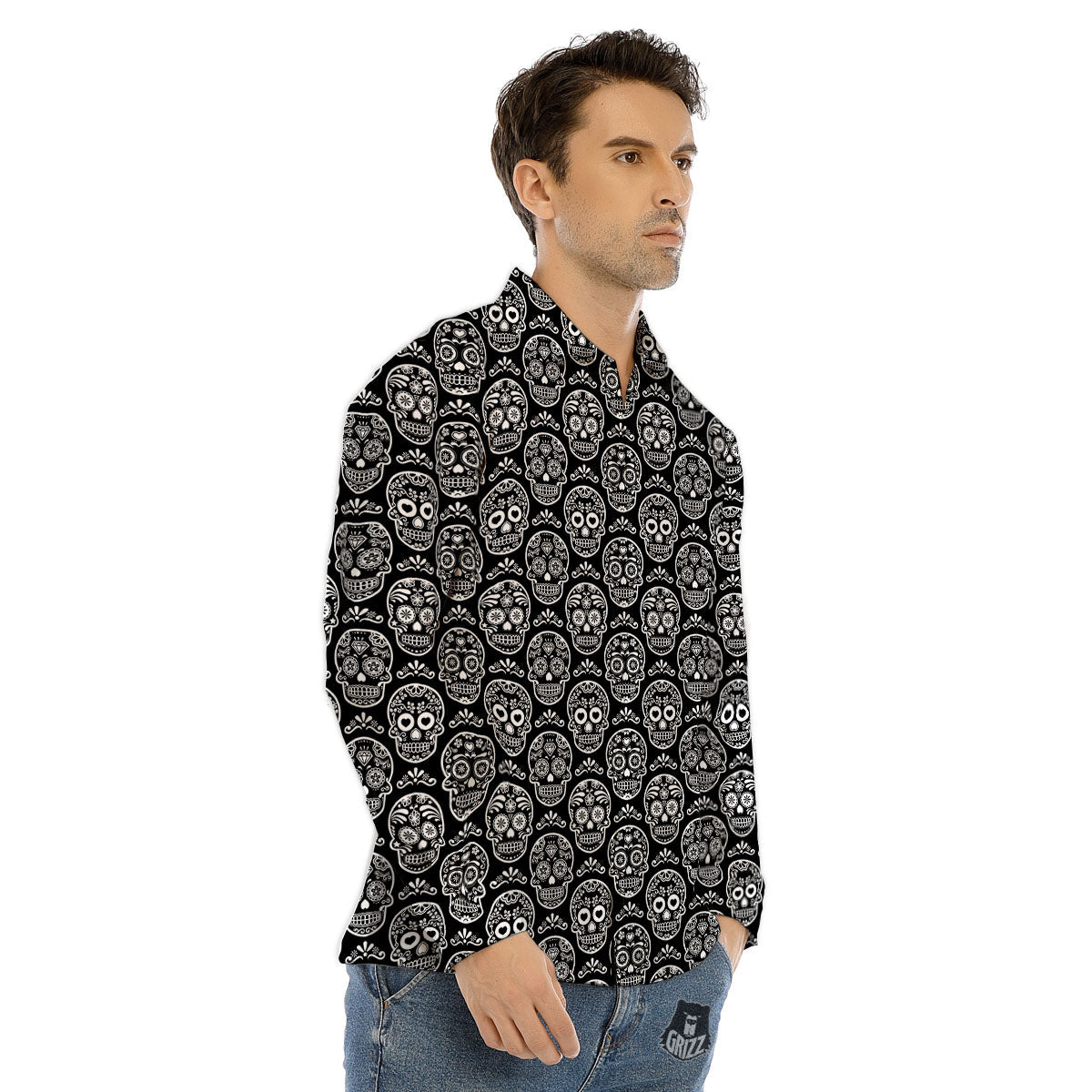 Calavera Skull White And Black Print Men's Dress Shirts-grizzshop