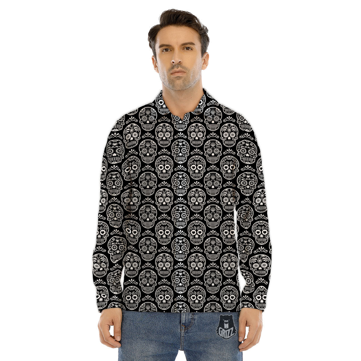 Calavera Skull White And Black Print Men's Dress Shirts-grizzshop