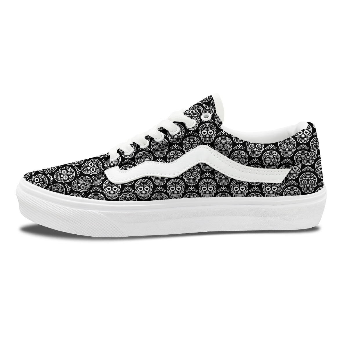 Calavera Skull White And Black Print Skate Shoes-grizzshop