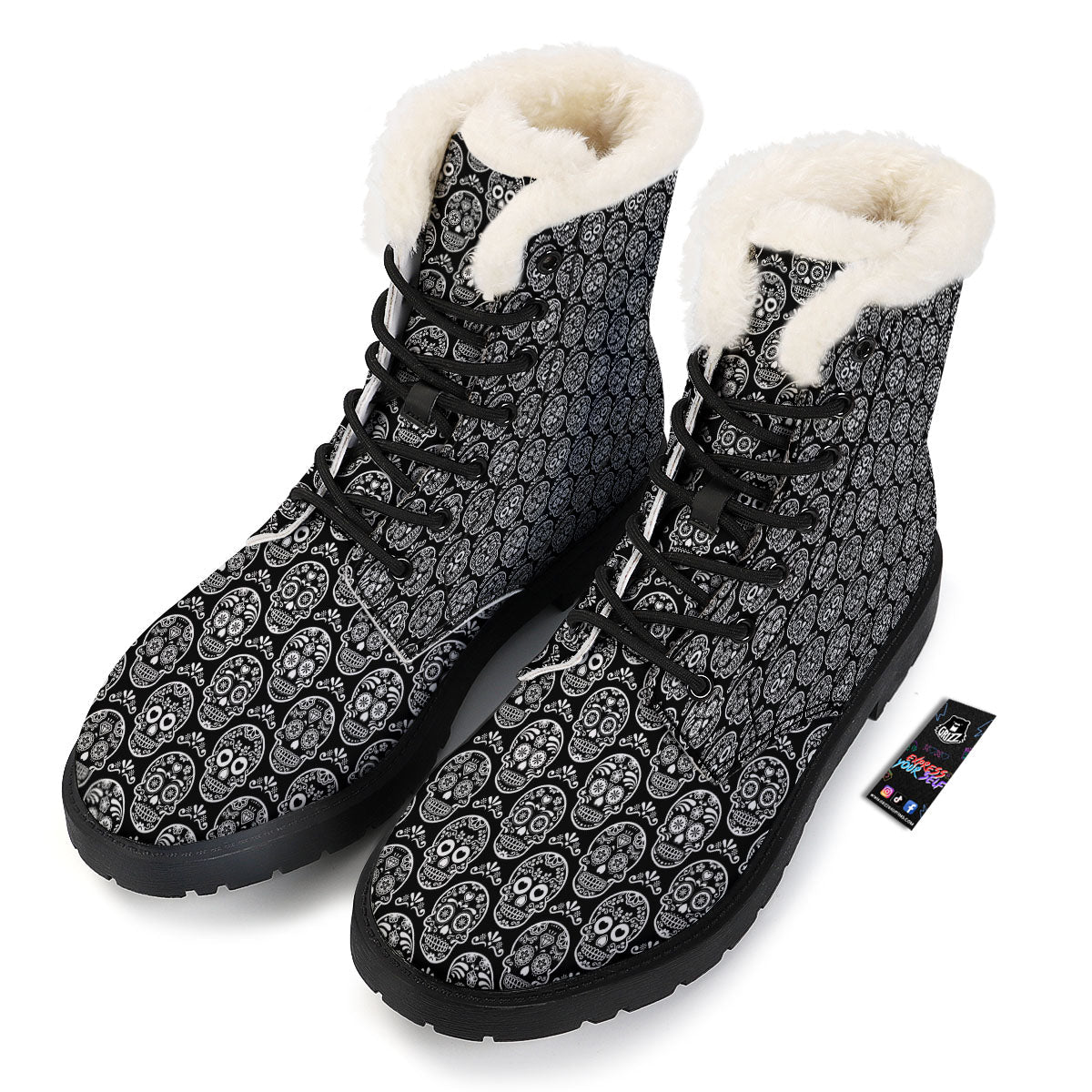 Calavera Skull White And Black Print Winter Boots-grizzshop