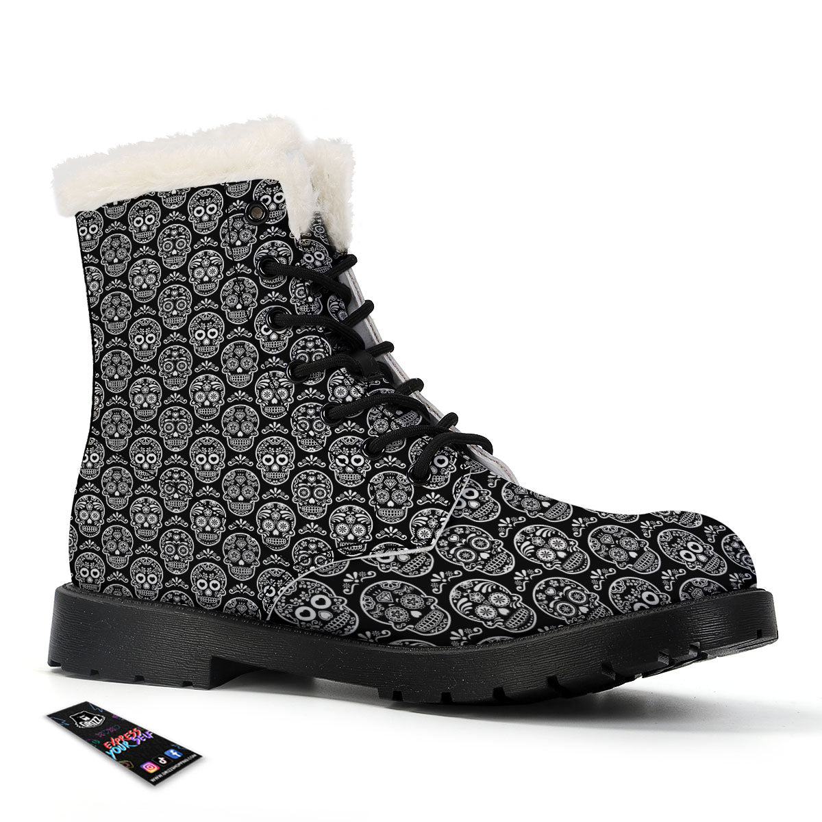 Calavera Skull White And Black Print Winter Boots-grizzshop