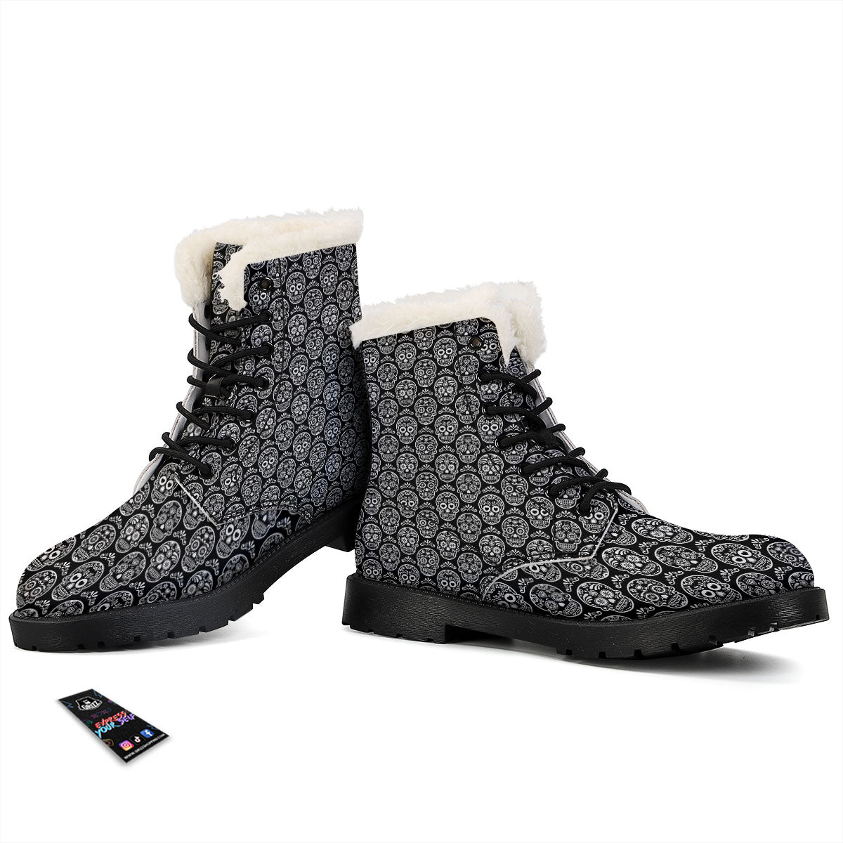 Calavera Skull White And Black Print Winter Boots-grizzshop