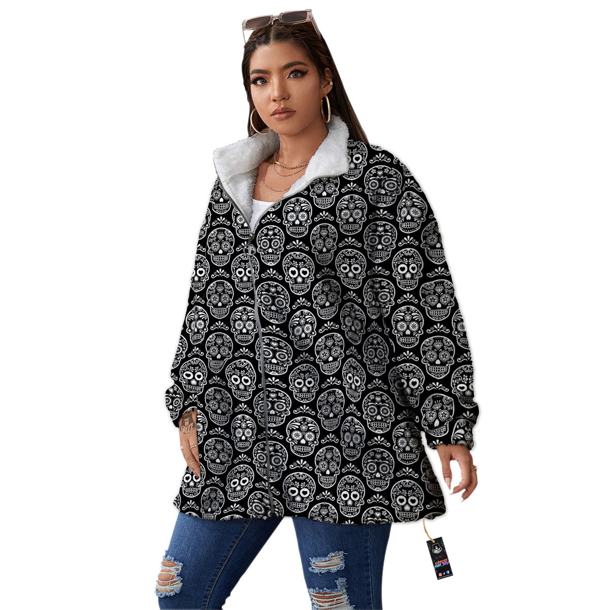 Calavera Skull White And Black Print Women's Sherpa Jacket-grizzshop