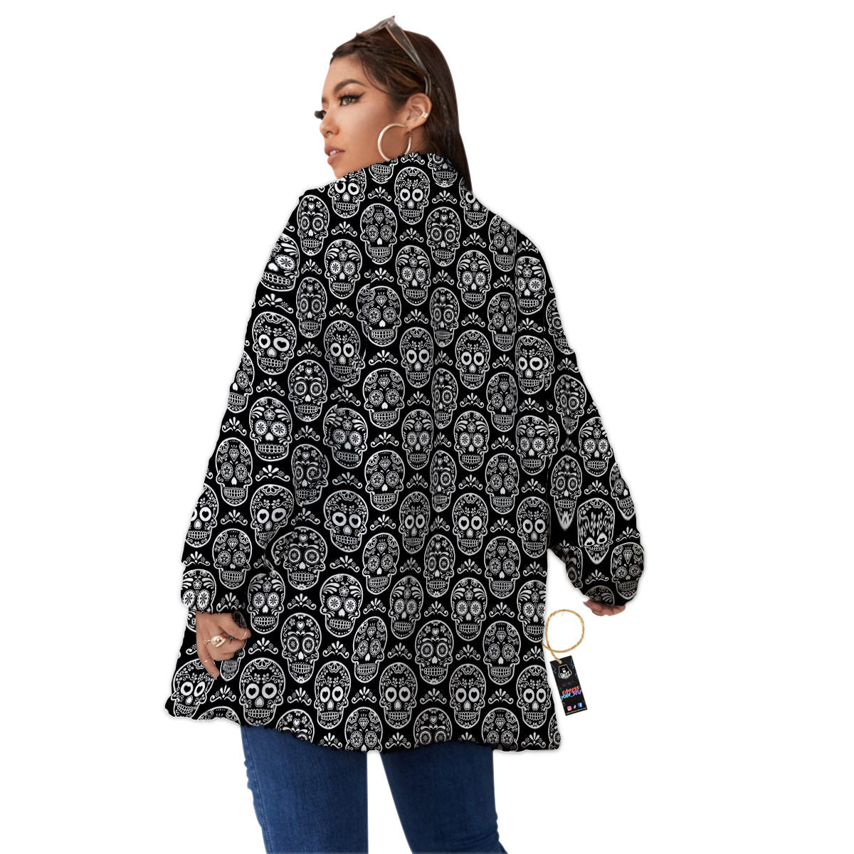 Calavera Skull White And Black Print Women's Sherpa Jacket-grizzshop