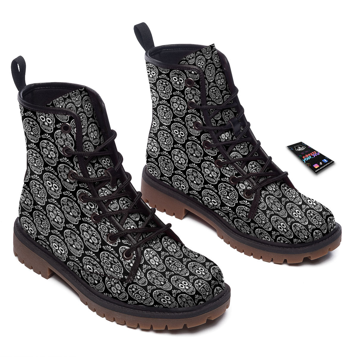 Calavera Skull White And Black Print Work Boots-grizzshop