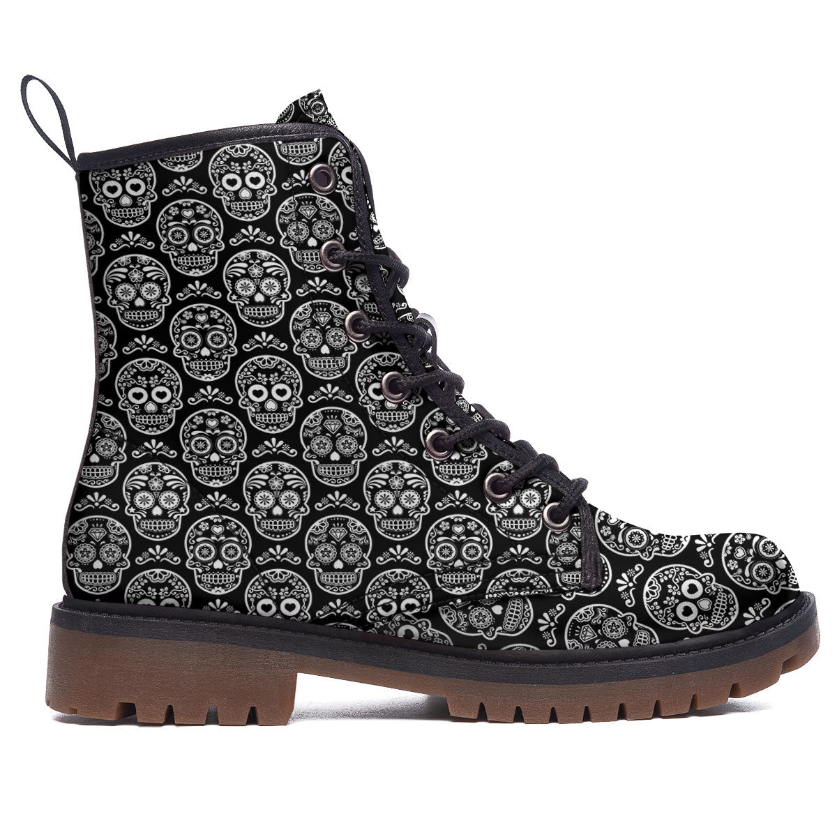 Calavera Skull White And Black Print Work Boots-grizzshop