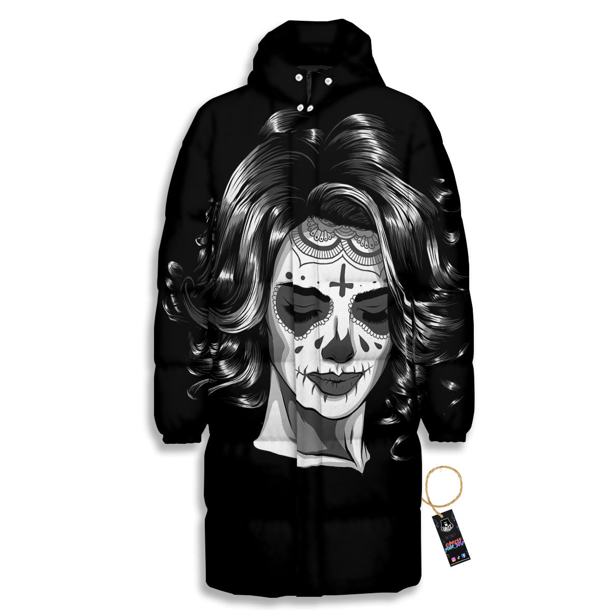 Calavera Girl White And Black Print Long Down Jacket