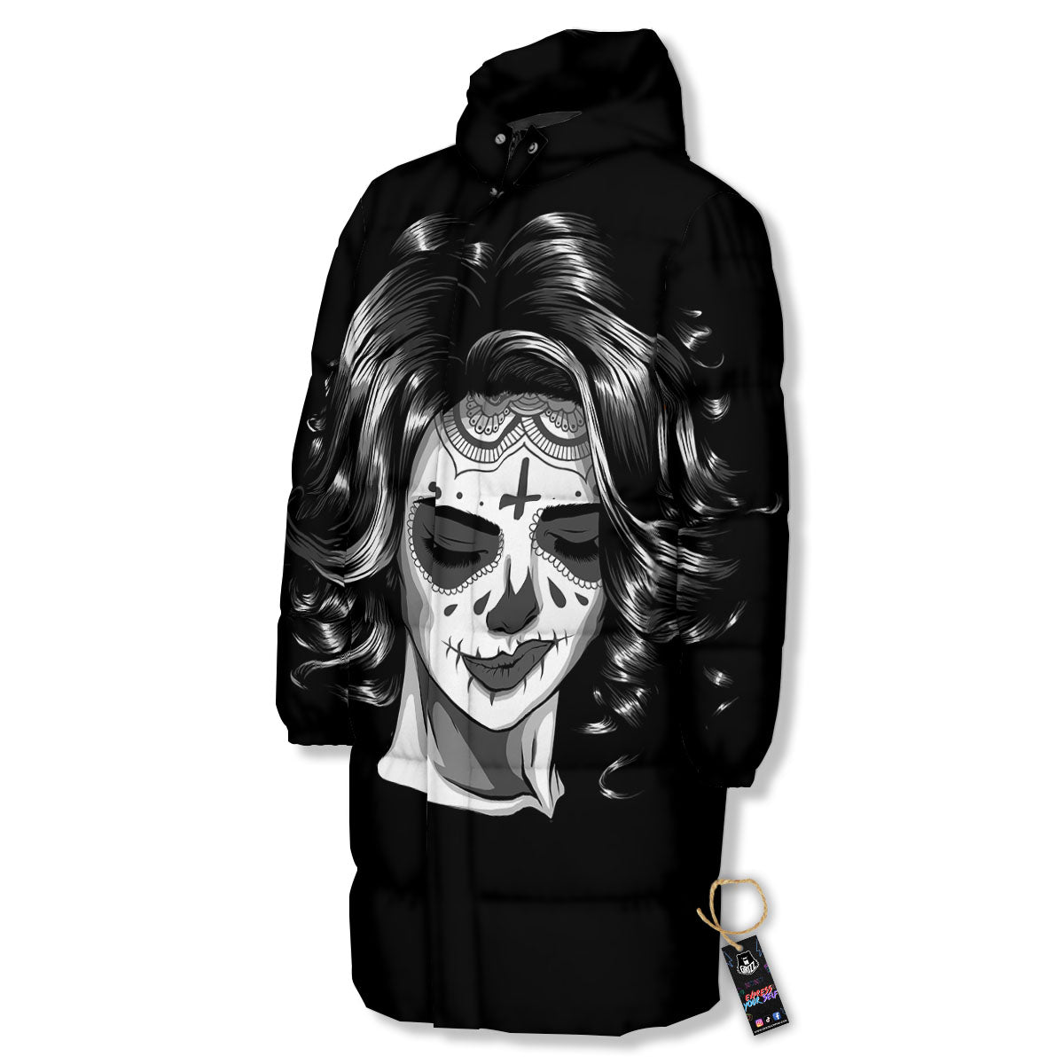 Calavera Girl White And Black Print Long Down Jacket