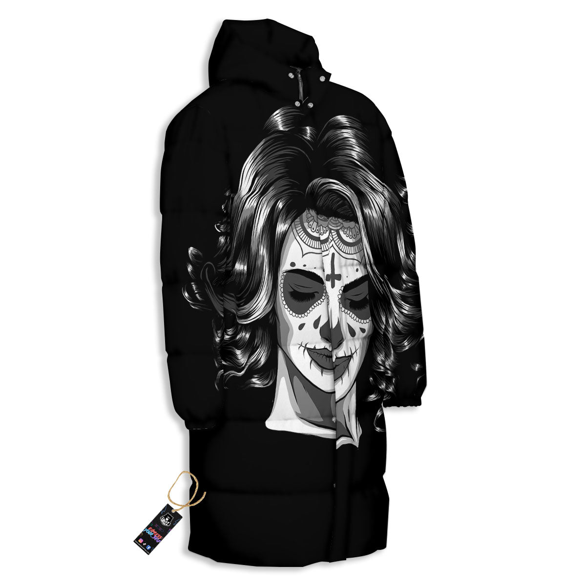 Calavera Girl White And Black Print Long Down Jacket