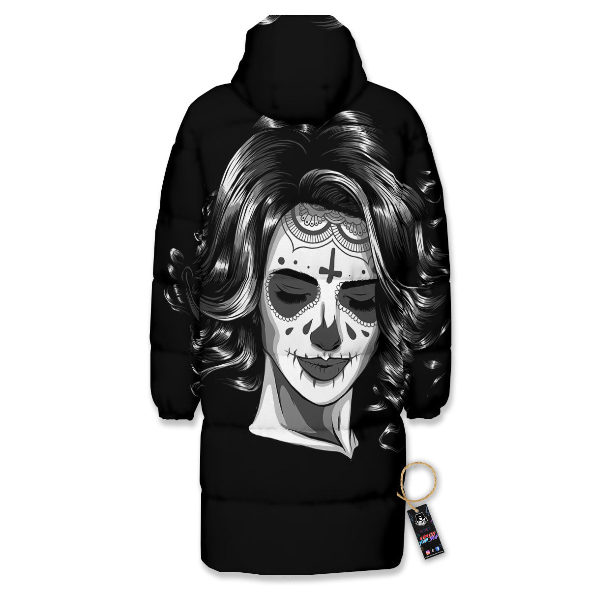 Calavera Girl White And Black Print Long Down Jacket