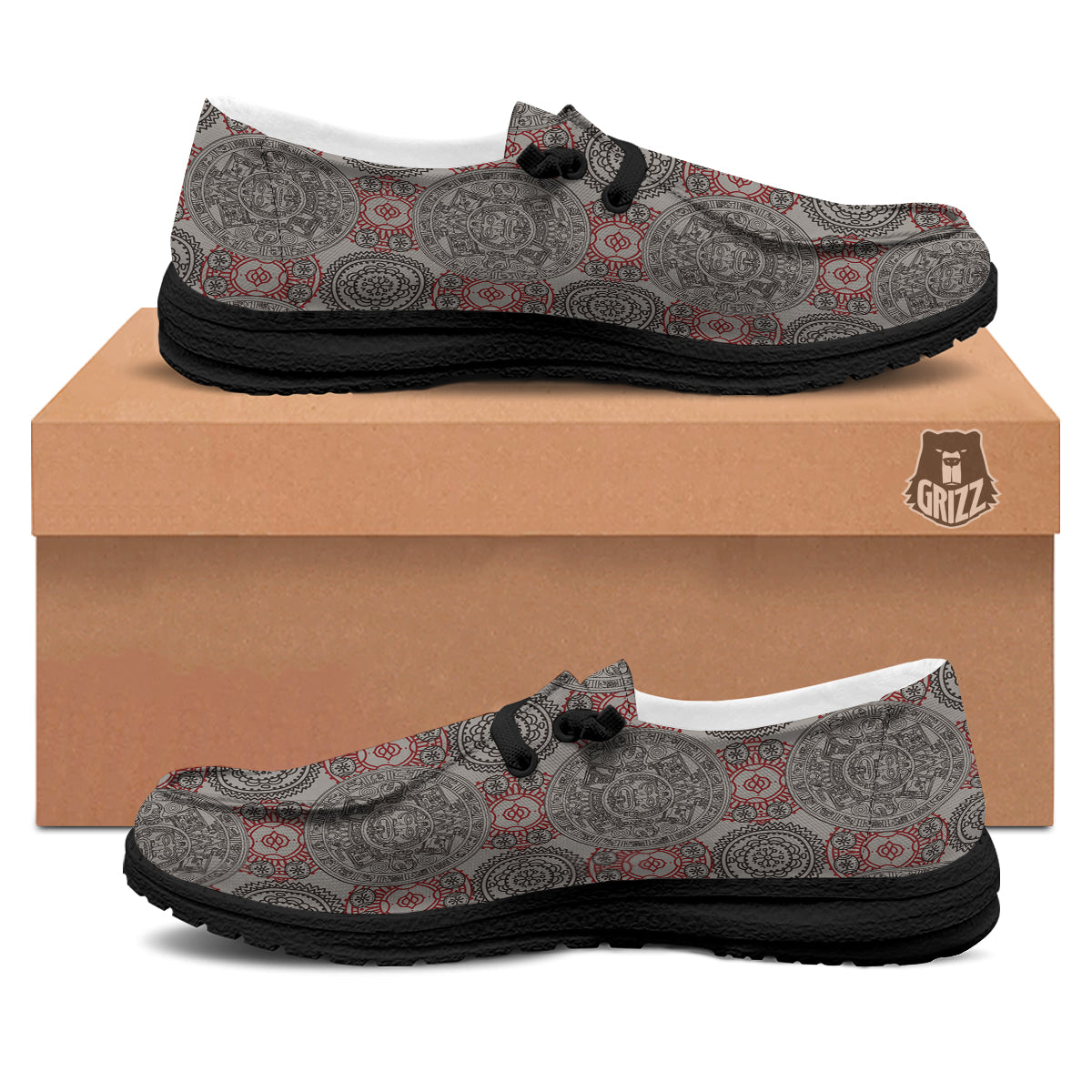 Calendar Aztec Doodle Print Pattern Black Loafers-grizzshop