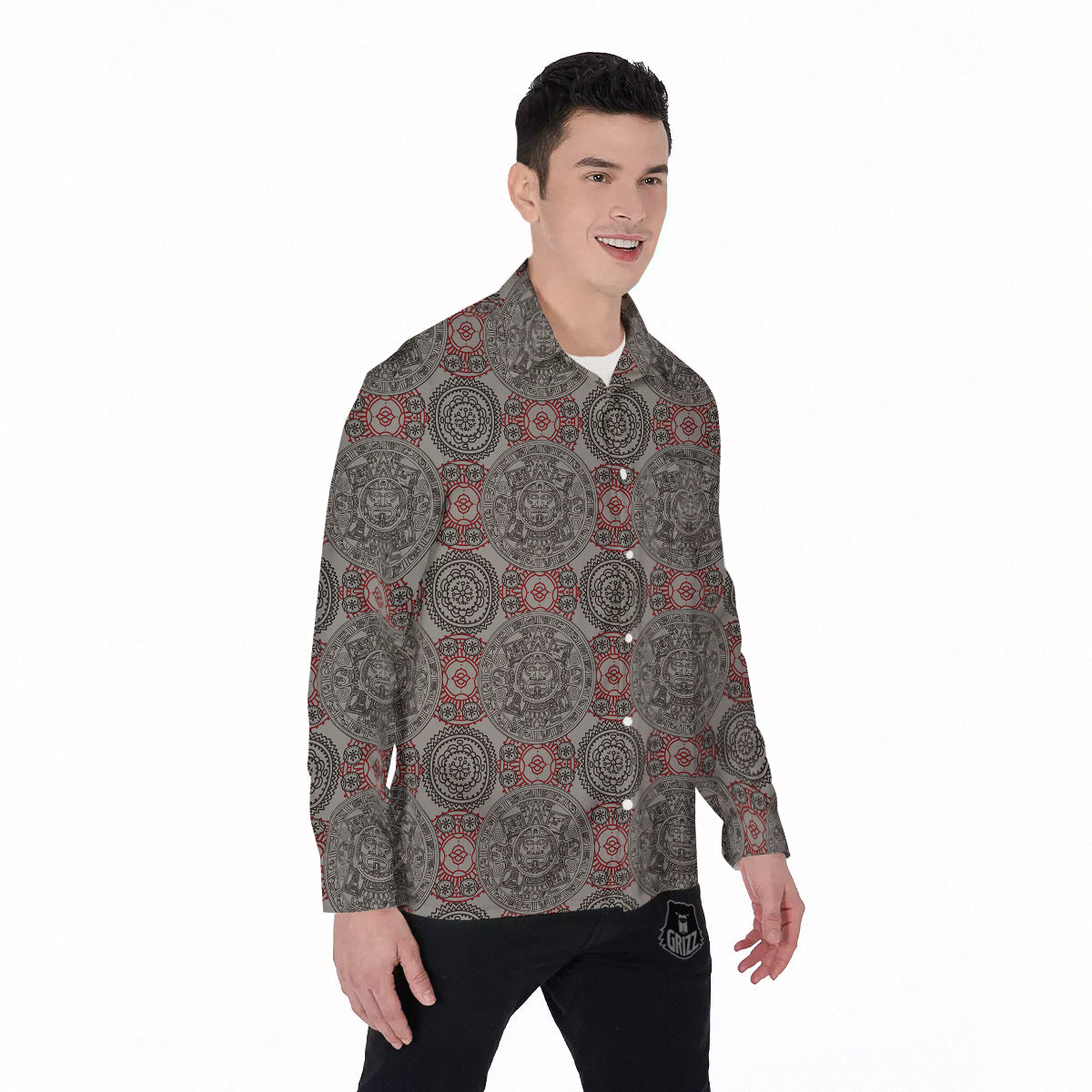 Calendar Aztec Doodle Print Pattern Men's Long Sleeve Shirts-grizzshop