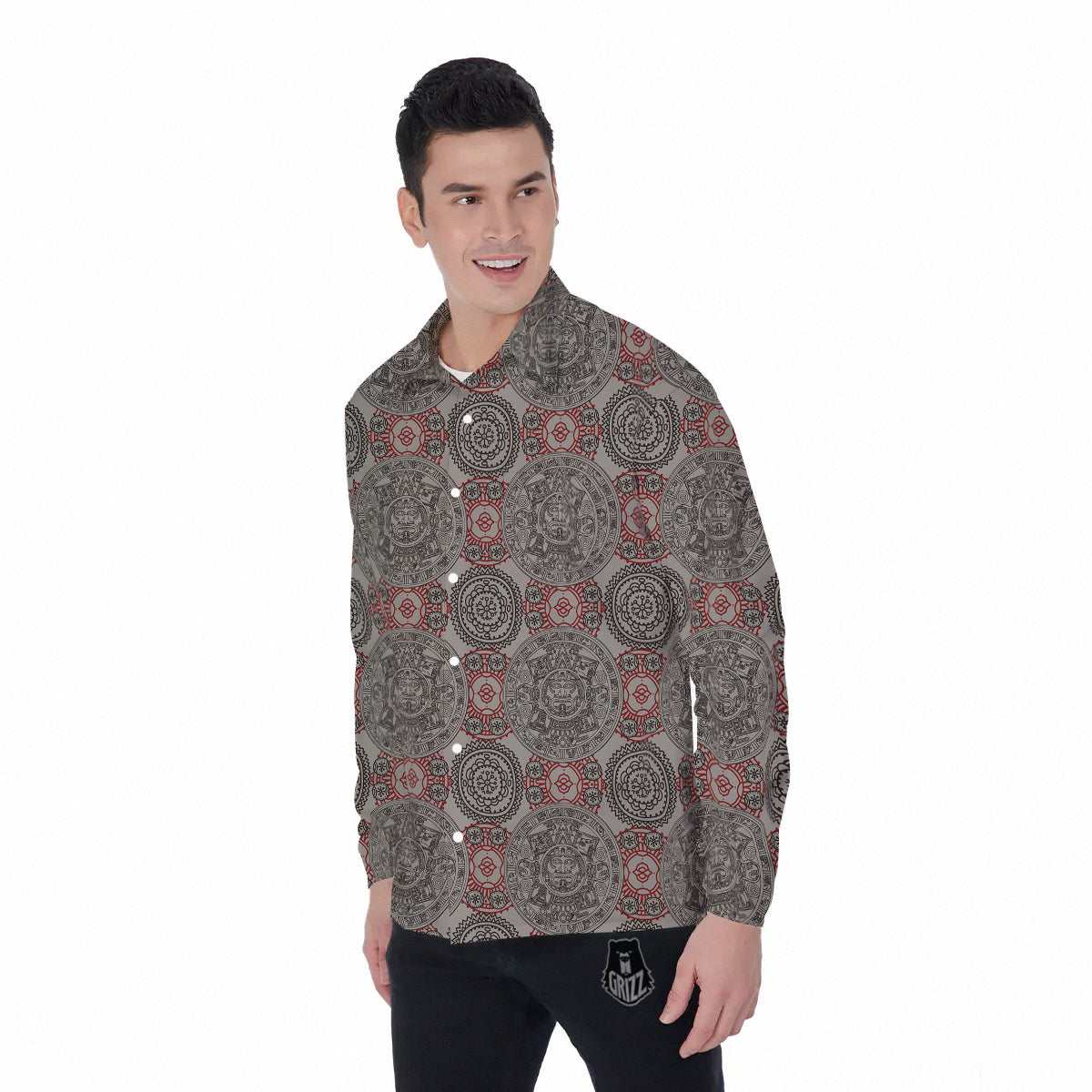 Calendar Aztec Doodle Print Pattern Men's Long Sleeve Shirts-grizzshop