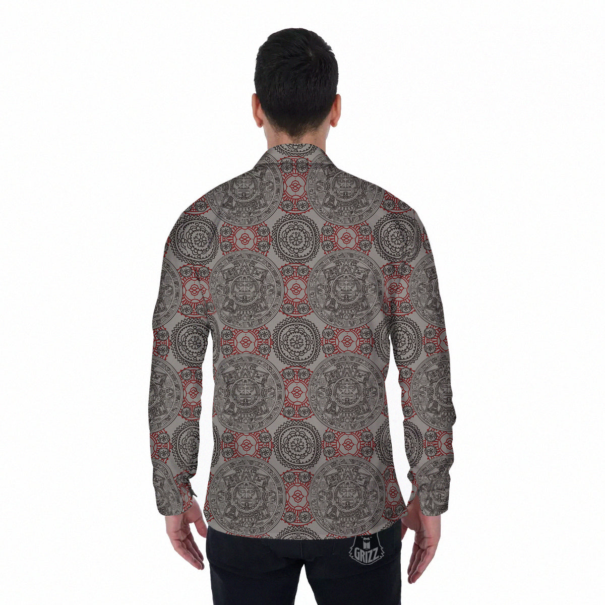 Calendar Aztec Doodle Print Pattern Men's Long Sleeve Shirts-grizzshop