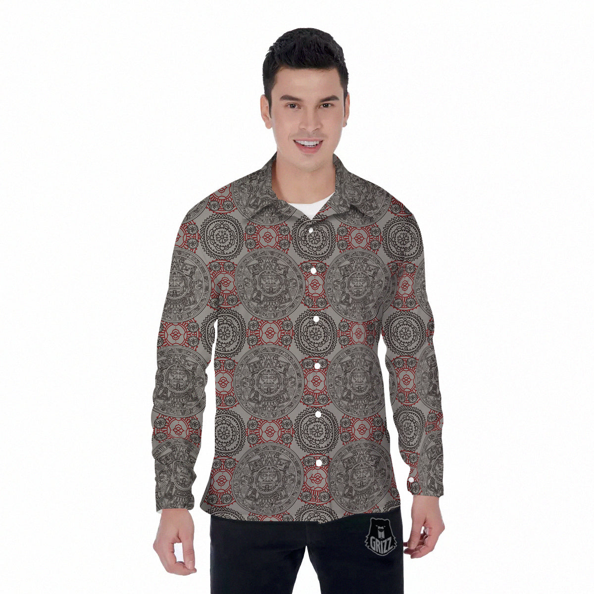 Calendar Aztec Doodle Print Pattern Men's Long Sleeve Shirts-grizzshop