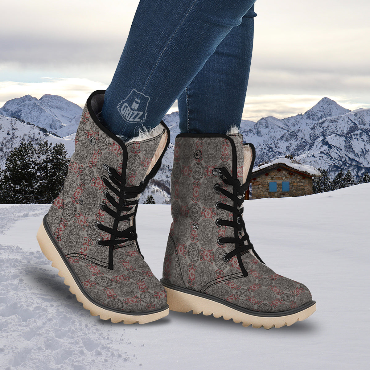 Calendar Aztec Doodle Print Pattern Snow Boots-grizzshop