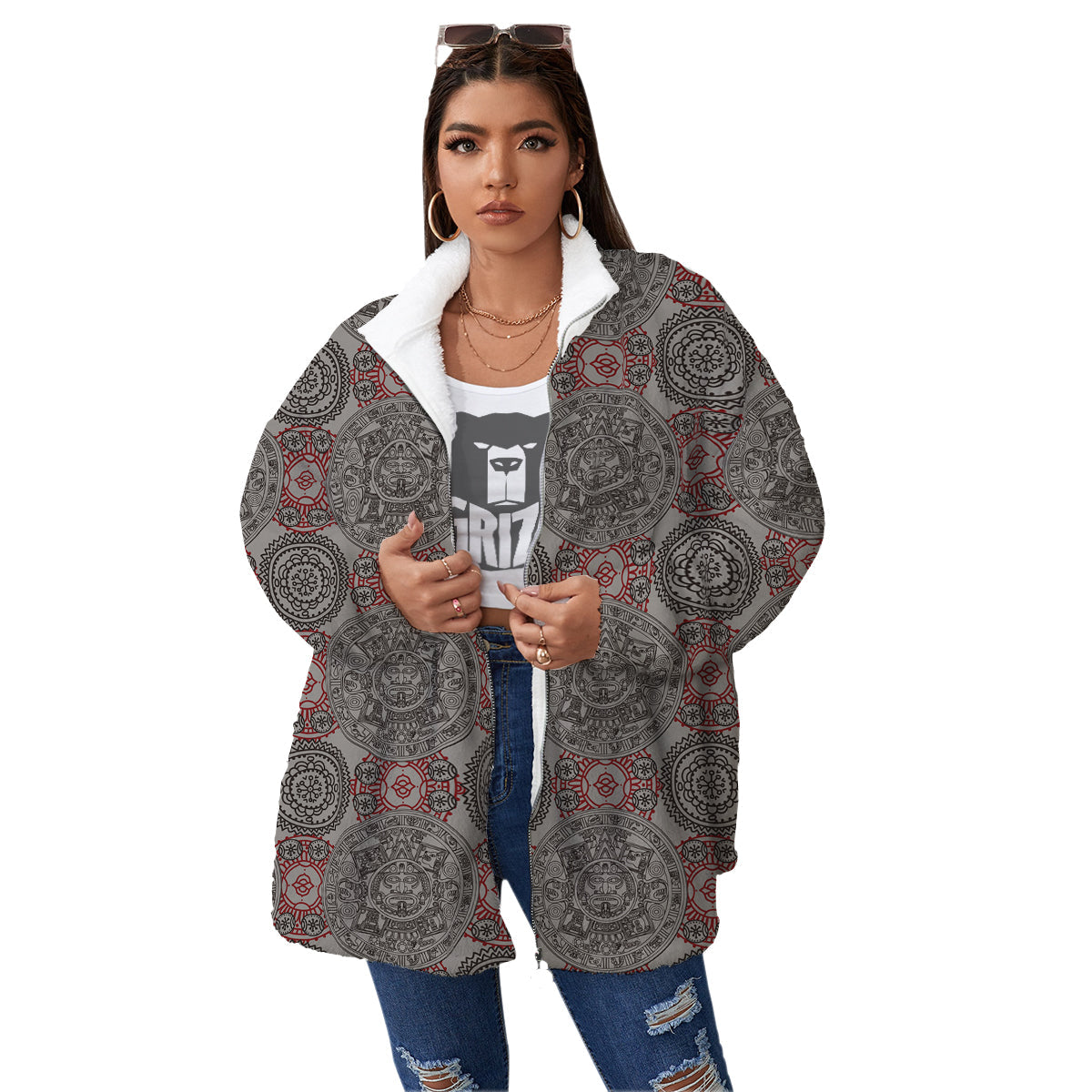 Calendar Aztec Doodle Print Pattern Women's Sherpa Jacket-grizzshop