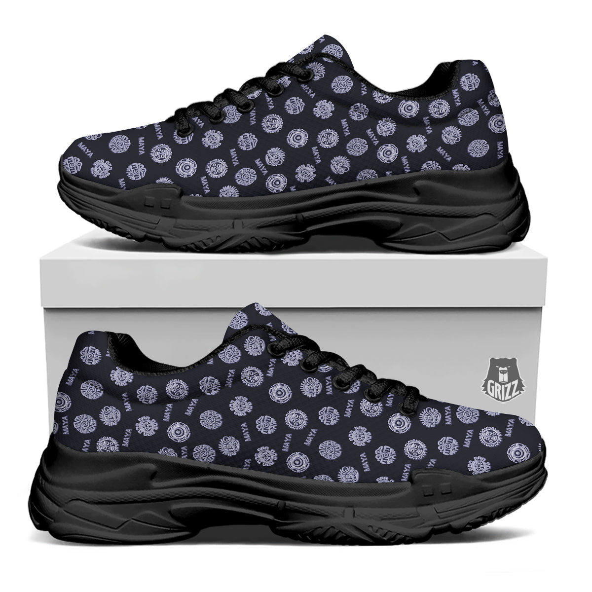 Calendar Aztec Maya Exotic Print Pattern Black Chunky Shoes-grizzshop