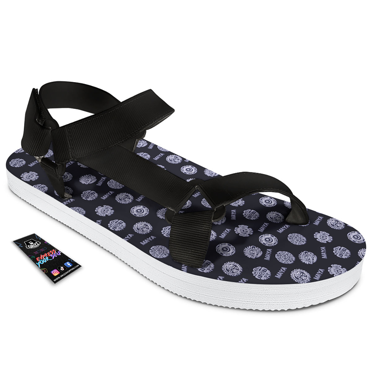 Calendar Aztec Maya Exotic Print Pattern Black Open Toe Sandals-grizzshop
