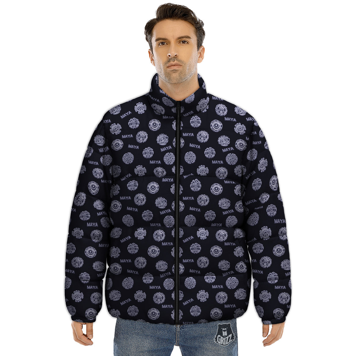 Calendar Aztec Maya Exotic Print Pattern Puffer Jacket-grizzshop