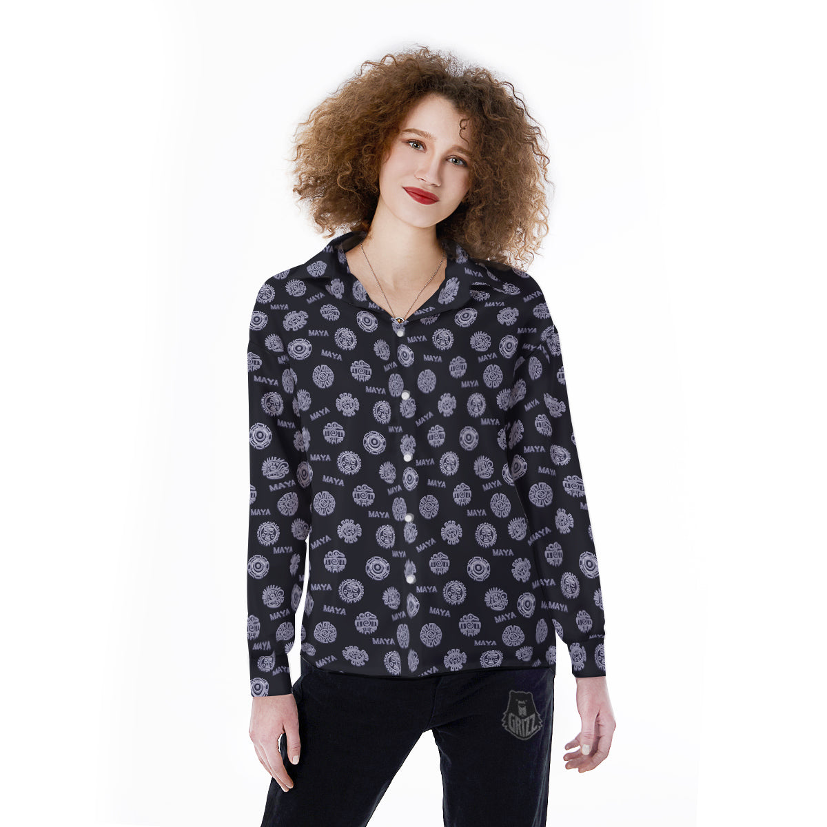 Calendar Aztec Maya Exotic Print Pattern Women's Long Sleeve Shirts-grizzshop