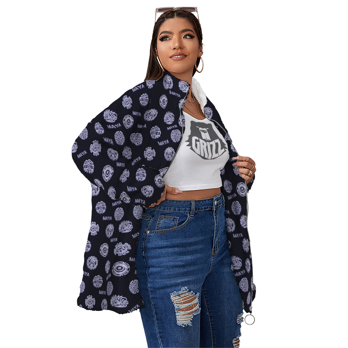 Calendar Aztec Maya Exotic Print Pattern Women's Sherpa Jacket-grizzshop