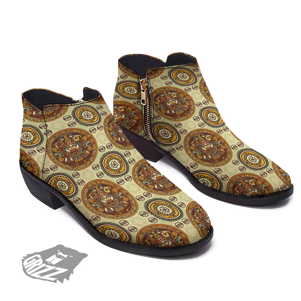 Calendar Aztec Vintage Print Pattern Ankle Boots-grizzshop