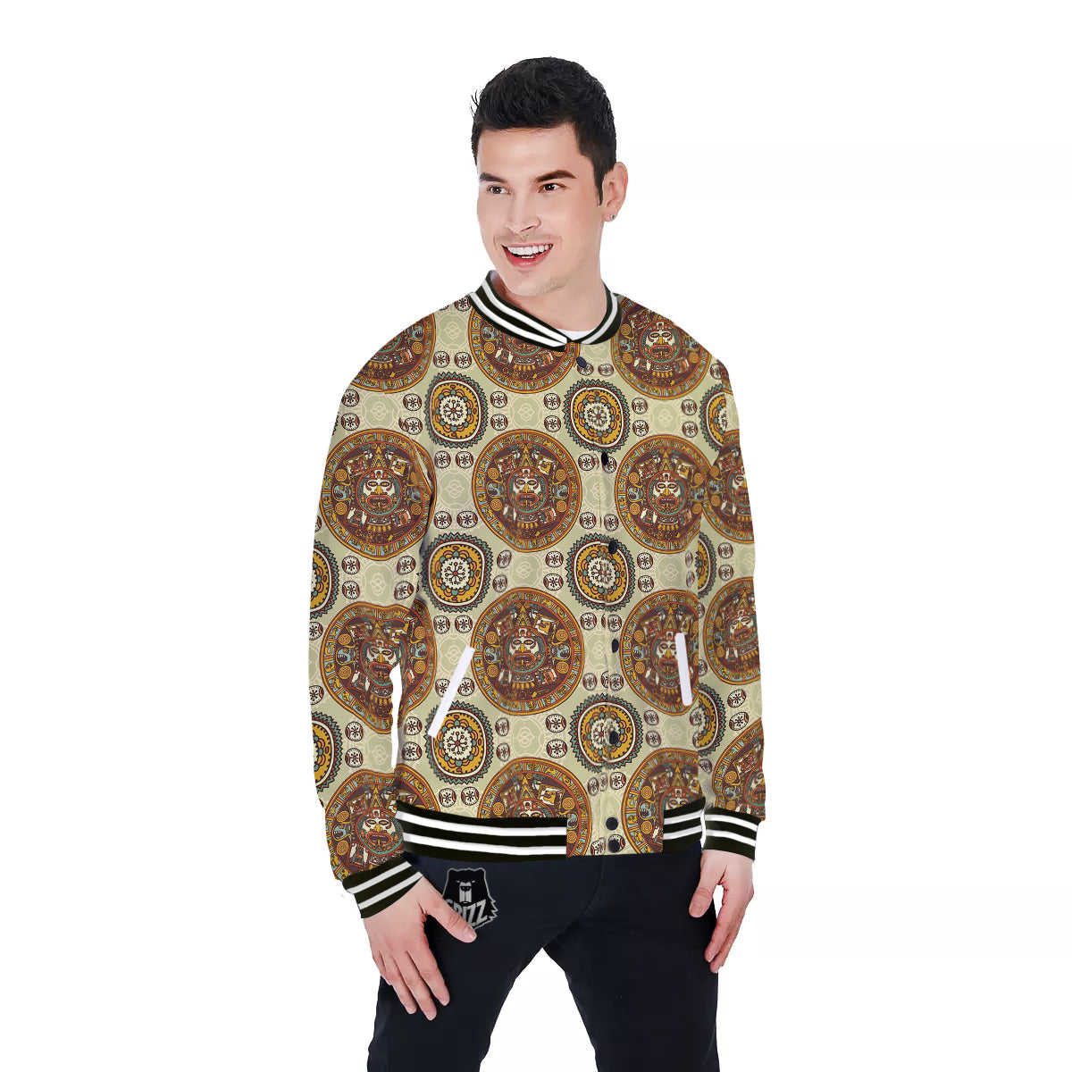 Calendar Aztec Vintage Print Pattern Baseball Jacket-grizzshop