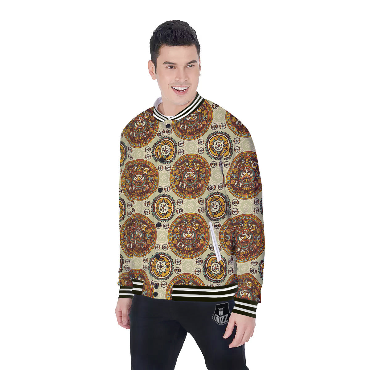 Calendar Aztec Vintage Print Pattern Baseball Jacket-grizzshop